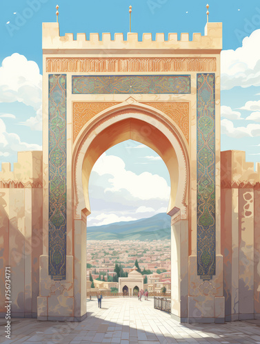 Fes Morocco travel poster, Royal Palace's Gate in Fes el Jedid  photo