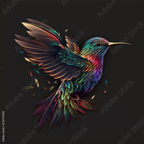 flat logo of colorful humming bird on a black background © Andre