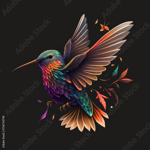 flat logo of colorful humming bird on a black background