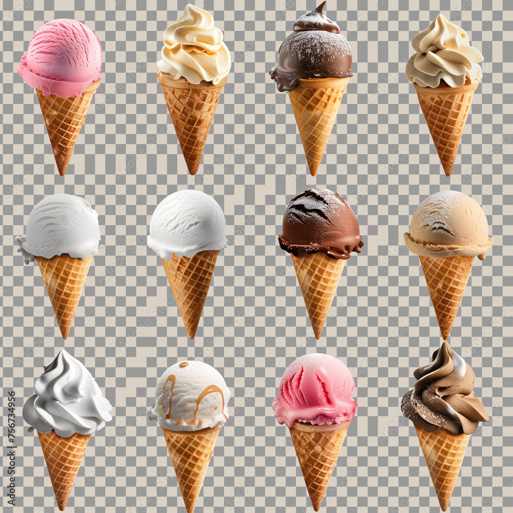 Different ice cream cones of various flavors on a transparent background. PNG Different ice cream cones of various flavors on a transparent background. PNG