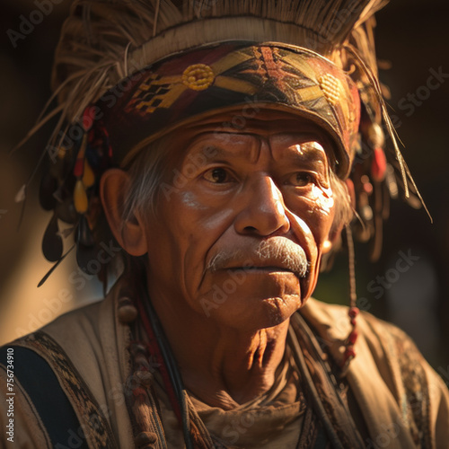 Shoot a candid portrait of an ancient Mayan man, using a Sony A7R IV camera and a standard lens, in the warm glow of dawn, with a focus on his expressive eyes and the details of his traditional clothi