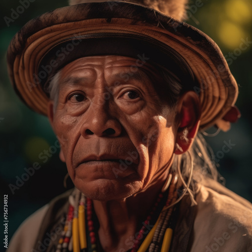 Shoot a candid portrait of an ancient Mayan man, using a Sony A7R IV camera and a standard lens, in the warm glow of dawn, with a focus on his expressive eyes and the details of his traditional clothi
