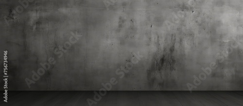 A dimly lit room with a grey concrete wall and a dark wood flooring. The monochrome photography on the walls adds to the sense of symmetry and darkness
