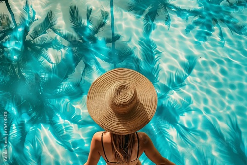 top view of a woman with a big straw hat standing in the turquoise luxury pool, reflection of palm trees