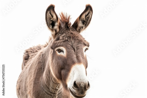 A close-up of a donkey staring directly at the camera, displaying curiosity and attentiveness. © pham