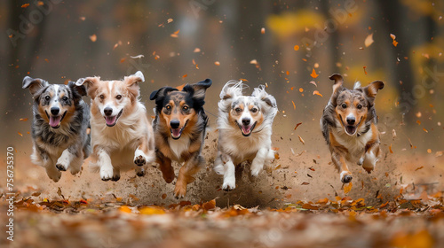 A pack of five excited dogs running towards the camera in a leaf-strewn forest