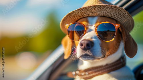 A dog with a straw hat and orange sunglasses sticking its head out from a car window © weerasak