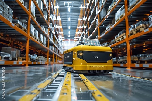 Autonomous robot carrying cargo in a high-tech warehouse with vibrant lighting