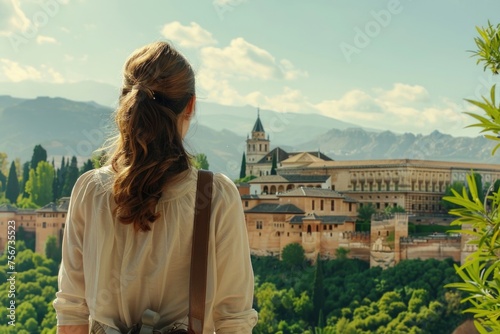 A woman holding a camera looks out over a city. Ideal for travel blogs or photography websites