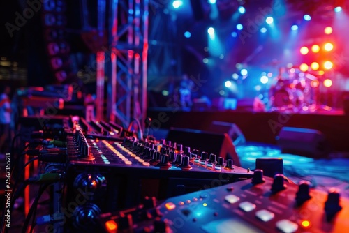 Professional DJ equipment set up on a stage, suitable for music events and performances