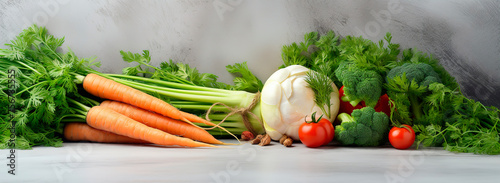 Banner vegetables on white wooden background carrot, dill, parsley, broccoli, radish, cabbage, beet vegetarian diet fitness healthi meal calad ingredients smoothie coocing