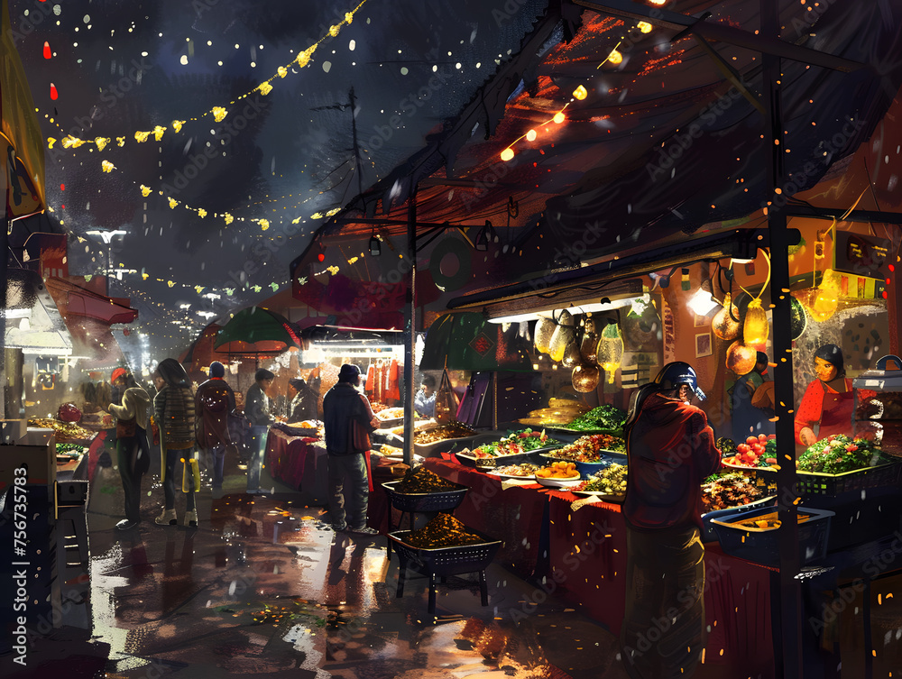 An atmospheric painting of a bustling mercado