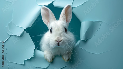 Cute Easter bunny jumps out and punches holes in blue paper background. photo