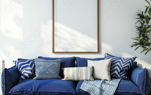 Blue sofa with indygo pillows with empty blank mock up frame, scandinavian home interior photo