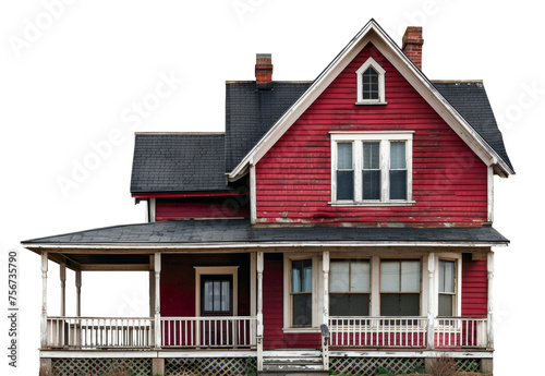 Vibrant red house with wraparound porch and gabled roofs, cut out - stock png.