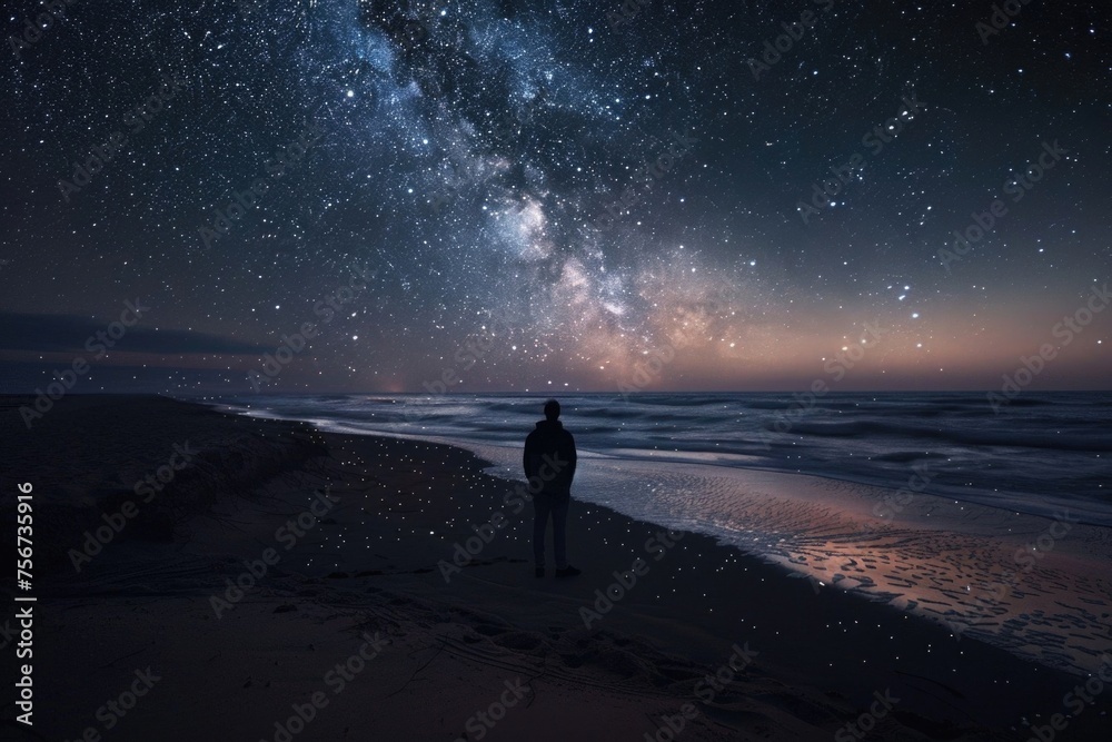 Person standing on beach looking at stars, suitable for travel and relaxation concepts - obrazy, fototapety, plakaty 