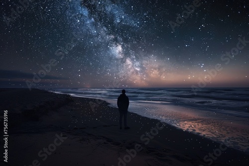 Person standing on beach looking at stars, suitable for travel and relaxation concepts
