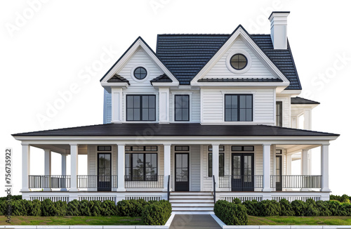 Elegant white Victorian house with gray accents and spacious front porch, cut out - stock png. © Mr. Stocker