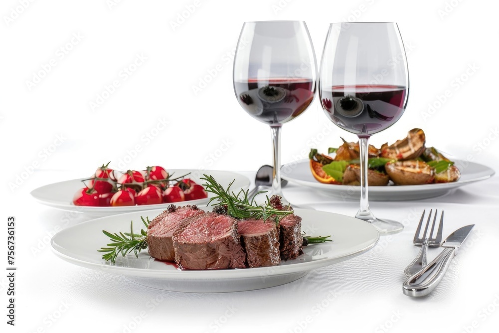 A table set with two plates of food and two glasses of wine. Ideal for restaurant menus or romantic dinner concepts