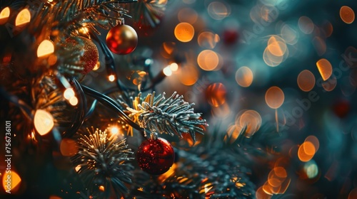 Close-up view of a Christmas tree with festive lights in the background. Perfect for holiday-themed designs