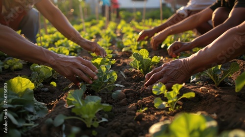 In an urban setting, a community vegetable garden with hands tending soil under golden sunset light, symbolizing food security and sustainability