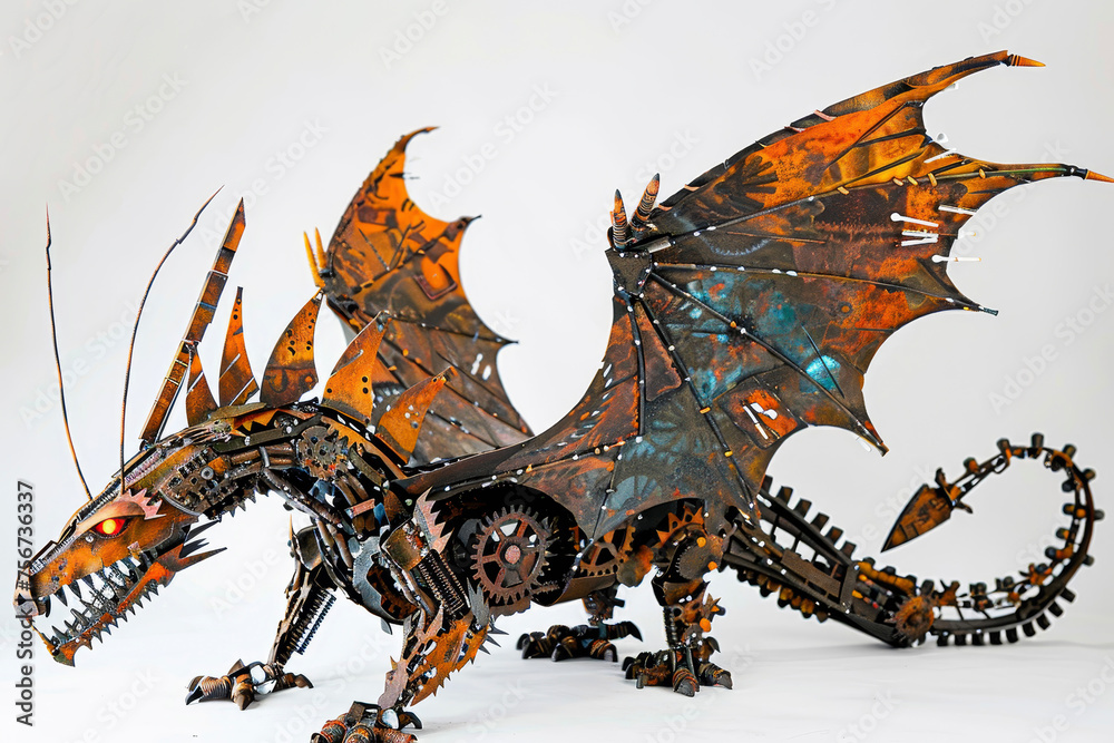 A steampunk dragon, gears embedded in its metallic hide, stands tall. A steampunk dragon, gears embedded in its metallic hide, stands tall.
