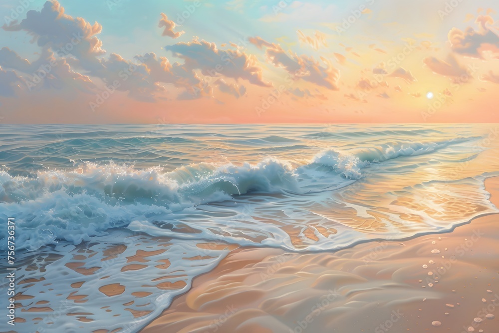 ultra-realistic depiction of a pristine beach at sunrise, with gentle waves lapping against the shore and the sky ablaze with pastel colors, capturing the essence of coastal tranquility. - obrazy, fototapety, plakaty 