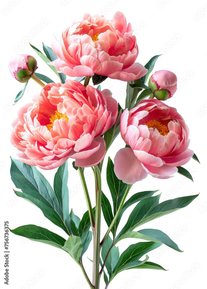 Bright orange peonies with delicate petals and lush foliage, cut out - stock png. Bright orange peonies with delicate petals and lush foliage, cut out - stock png.
