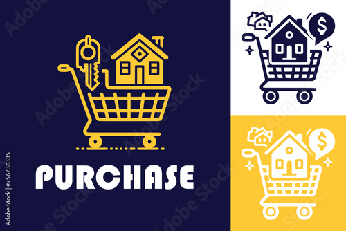 House purchase line symbol. Real estate market, house rent, sale or purchase outline vector icon or symbol, dwelling loan company thin line pictogram with house in shopping cart, vector shopping icon.