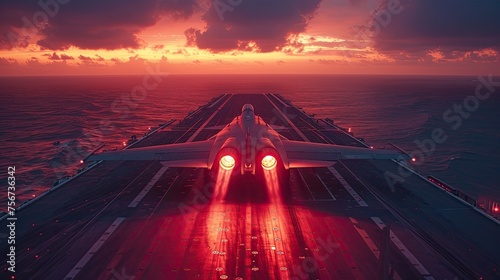 A close-up view of a fighter jet landing on the deck of an aircraft carrier at sea