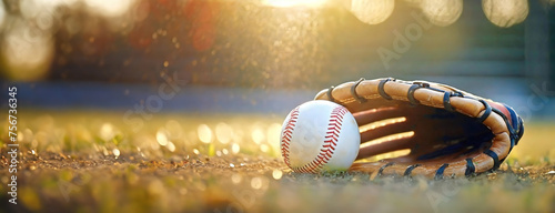 Sunlight illuminates a baseball glove and ball on the field. Sports equipment at dusk. Panorama with copy space. photo