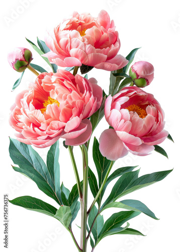 Bright orange peonies with delicate petals and lush foliage, cut out - stock png.