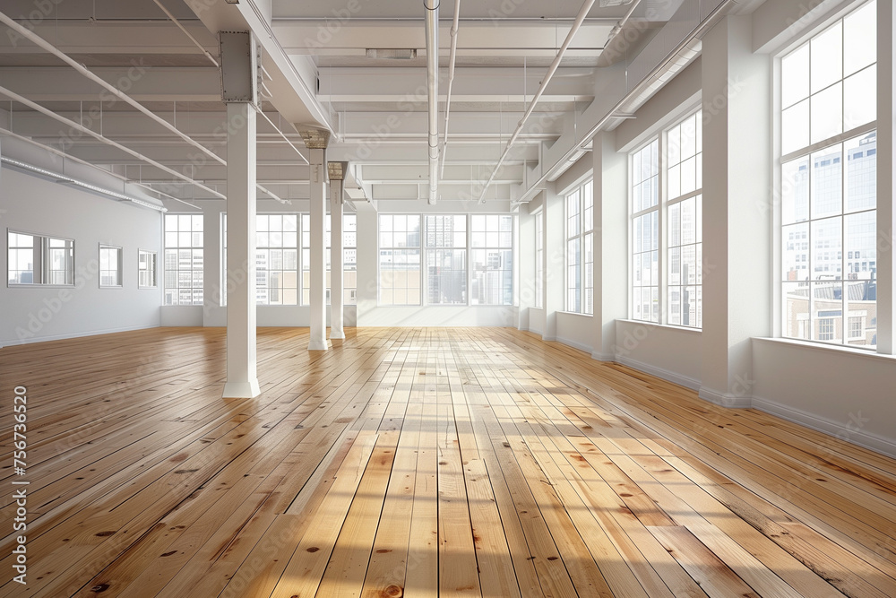 An empty interior space with large windows, ample natural light.AI generated An empty interior space with large windows, ample natural light.AI generated