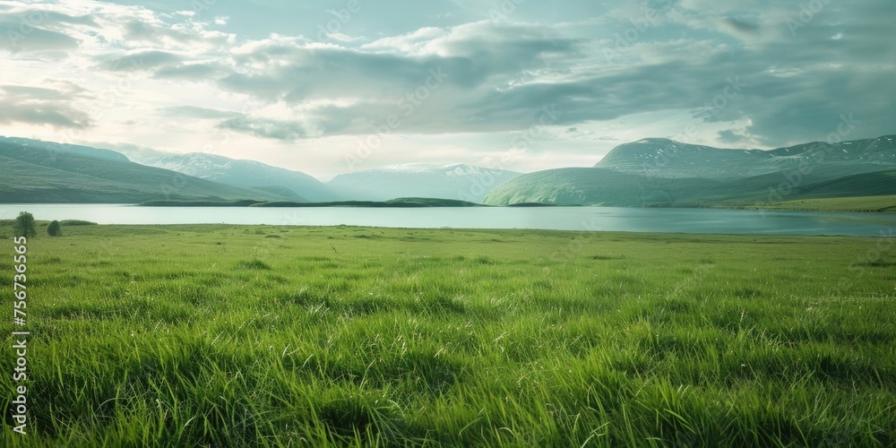 Fototapeta premium Scenic view of grassy field, lake, and mountains. Ideal for travel and nature concepts