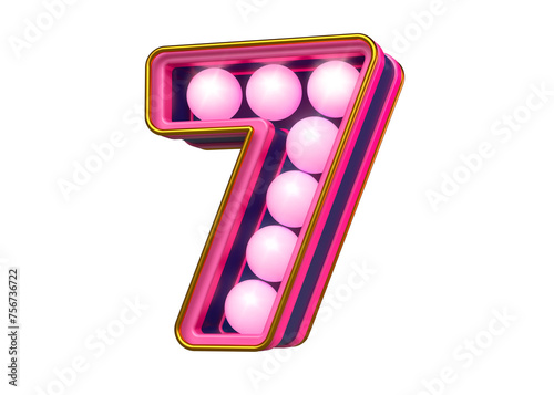 Lovely 3D marquee light bulb typeset digit number 7 in pink, gold and blue. High quality 3D rendering.