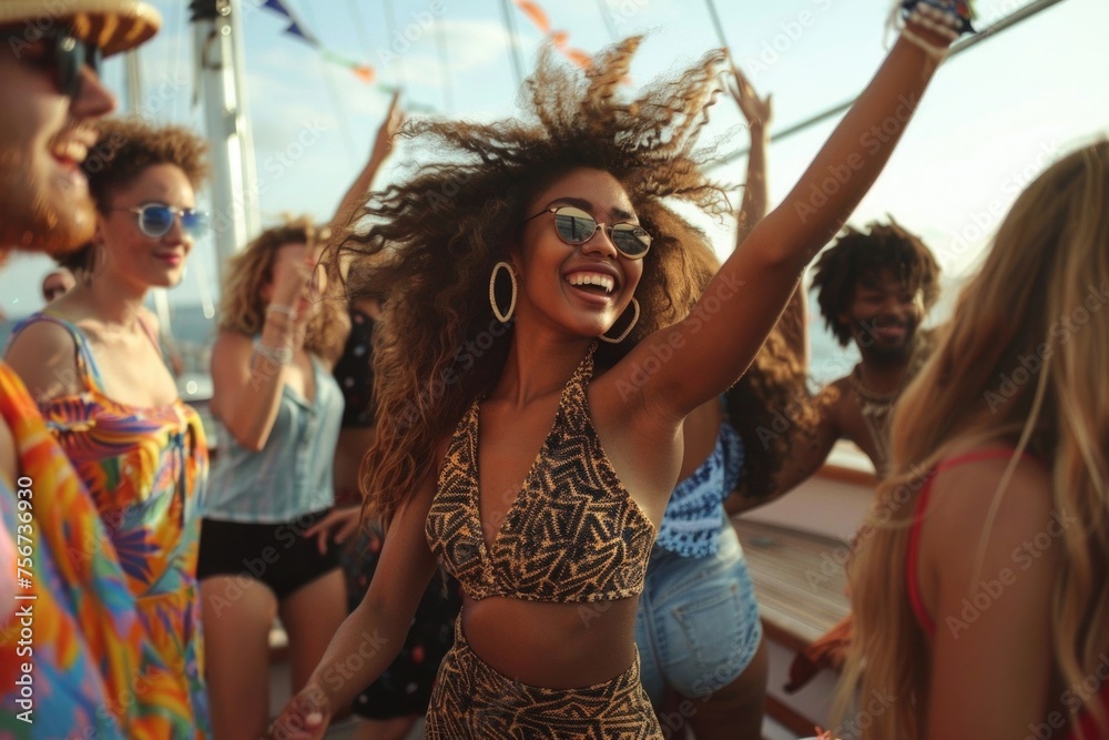 Fototapeta premium A woman in a bikini top dancing on a boat. Suitable for travel and leisure concepts