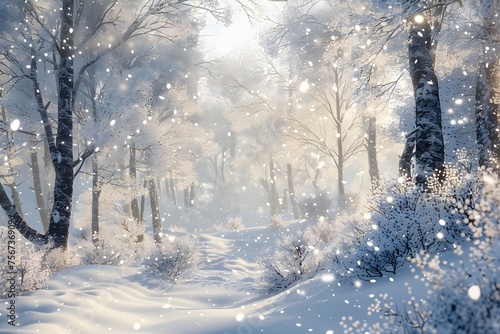 ultra-realistic winter scene of a snow-covered forest, where every branch is delicately adorned with glistening snowflakes, presenting the serene charm of a winter wonderland.