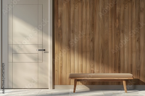 A simple wooden bench placed in front of an old wooden door  creating a rustic and inviting scene.