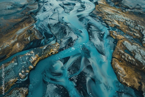 Aerial view of a river running through rocky area. Suitable for nature and landscape concepts