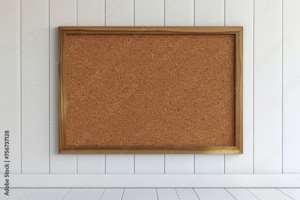 Fototapeta premium A cork board mounted on a white wall. Ideal for office or home organization