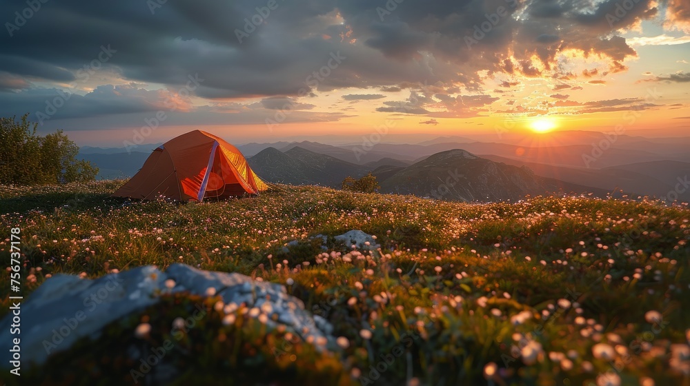 Tent Pitched on Grass Hill at Sunset
