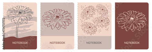 Set of Templates for title pages of notebooks or books. Floral print. Versatile abstract layouts with gerbera daisy flowers in vintage tones. For notepads, planners, brochures, books, catalogues. 