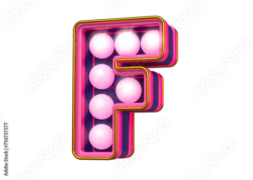 Light bulbs letter F in pink and dark blue. Modern high quality 3D rendering typography.