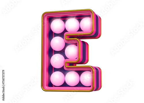 Marquee sign letters font character E in bright pink and blue. High quality 3D rendering.
