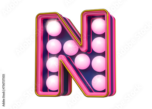 Movie marquee font letter N in pink and blue. High quality 3D rendering.