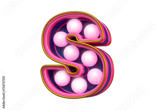 Light bulbs marquee font 3D letter S in pink and blue. High quality 3D rendering.