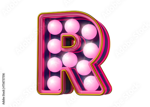 Vintage marquee lights font. Eye-catching letter R in pink and blue. High quality 3D rendering.