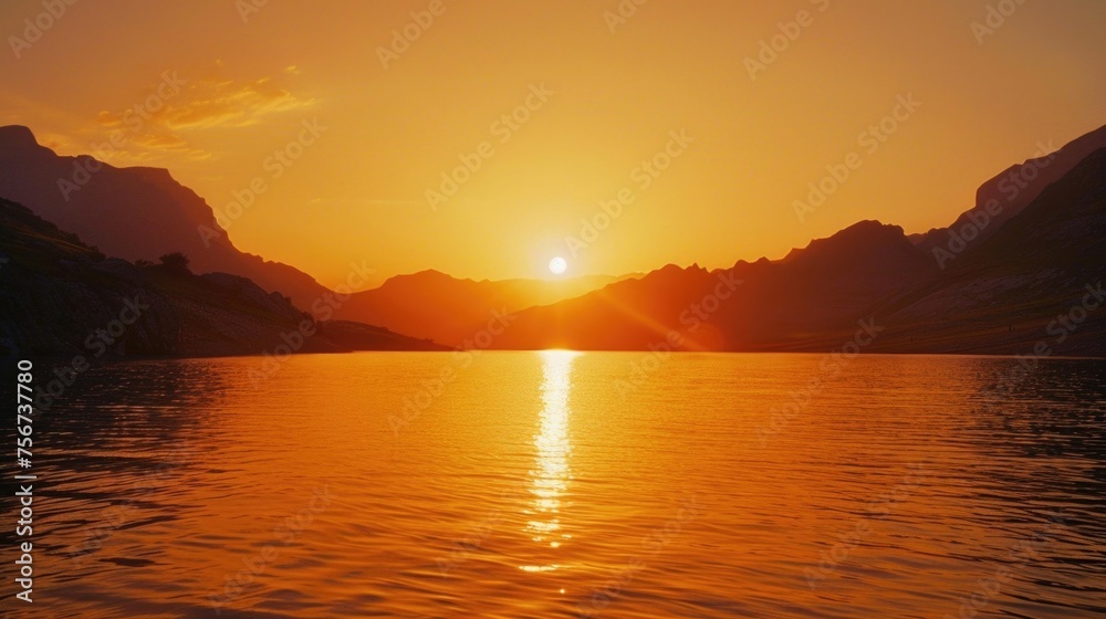 Beautiful sunset scene over a tranquil lake with majestic mountains in the background. Ideal for nature and landscape themes