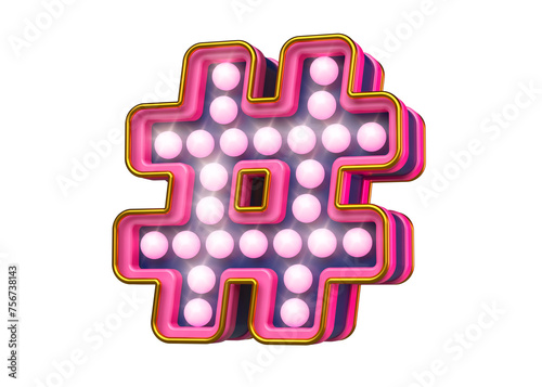Marquee typography hashtag symbol in pink, gold and blue. High quality 3D rendering.