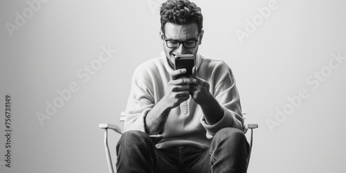 A man sitting in a chair, using his cell phone. Suitable for technology concepts